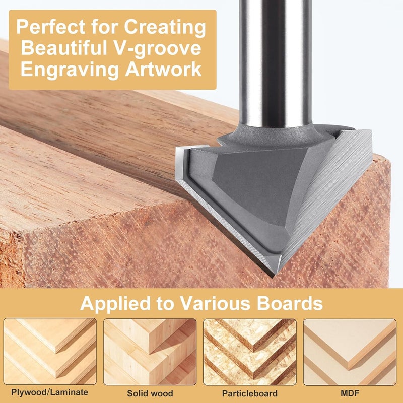 BINSTAK 90 Degree V Bit 1/2" Shank, 1-1/2" Cut Diameter Carbide Tipped V Groove Router Bit Wood CNC Router Bits for Grooving, Chamfering, Engraving - Image 3